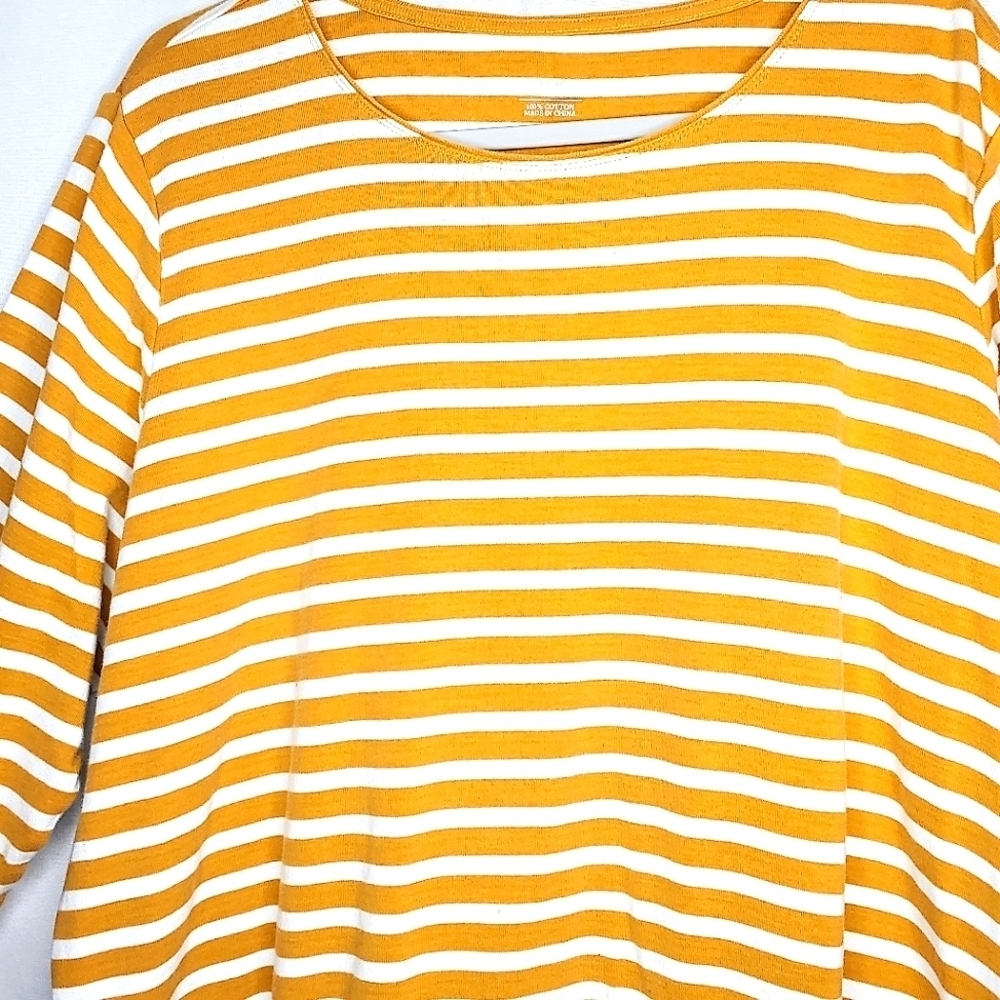 CJ Banks horizontal strip, long sleeved tee. Gold/white 1X - Picture 11 of 13